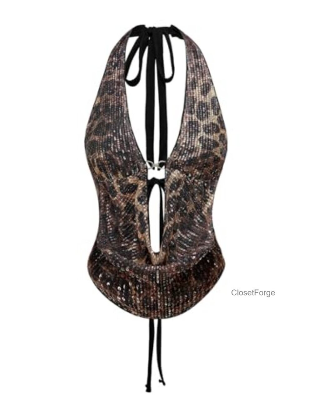 Sequin Cheetah Print Halter Tank Top Sleeveless Y2K Going Out Top